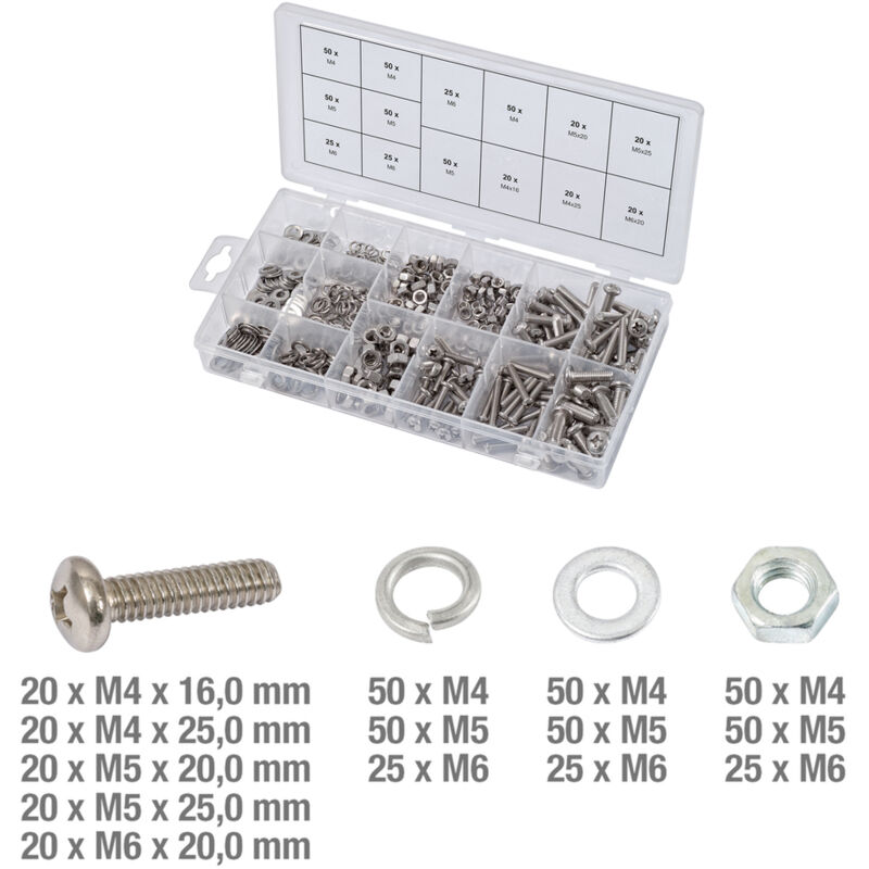 foto del prodotto assortimento di viti, rondelle e dadi in acciaio inox, 475 pezzi