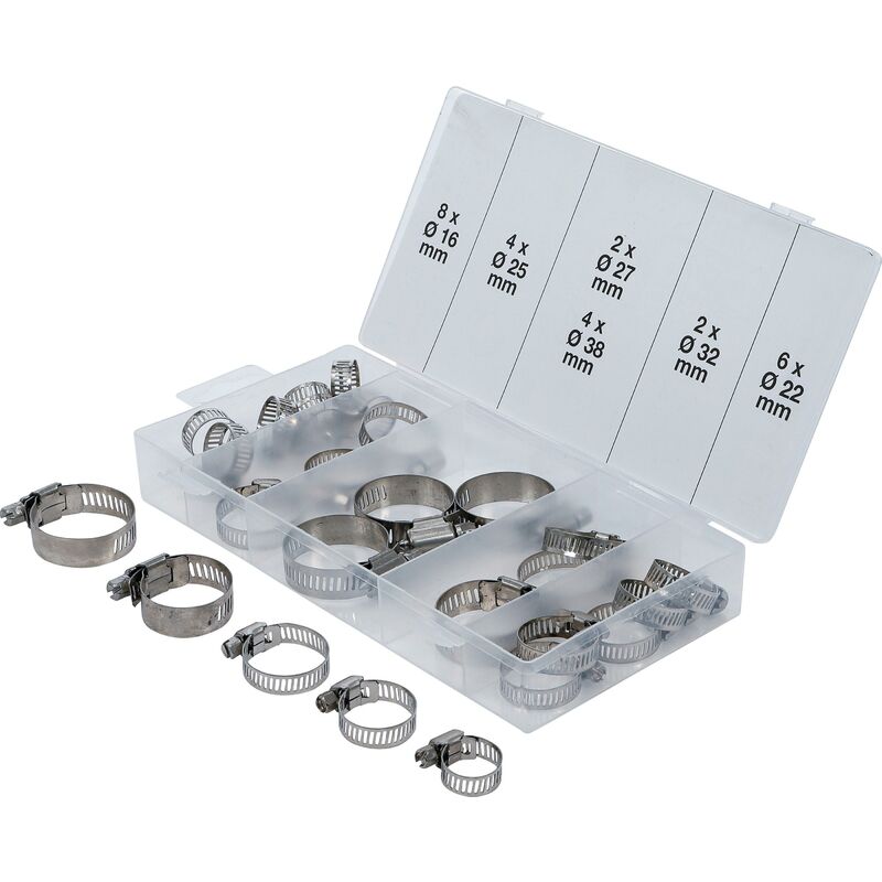 foto del prodotto assortimento fascette stringitubo acciaio inox 16 38 mm 26 pz.
