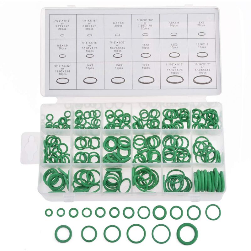 foto del prodotto assortimento o ring universale, 270 pezzi, 18 misure 7 81 11 diametro interno, o ring in gomma verde per impianti idraulici, automobilistici,