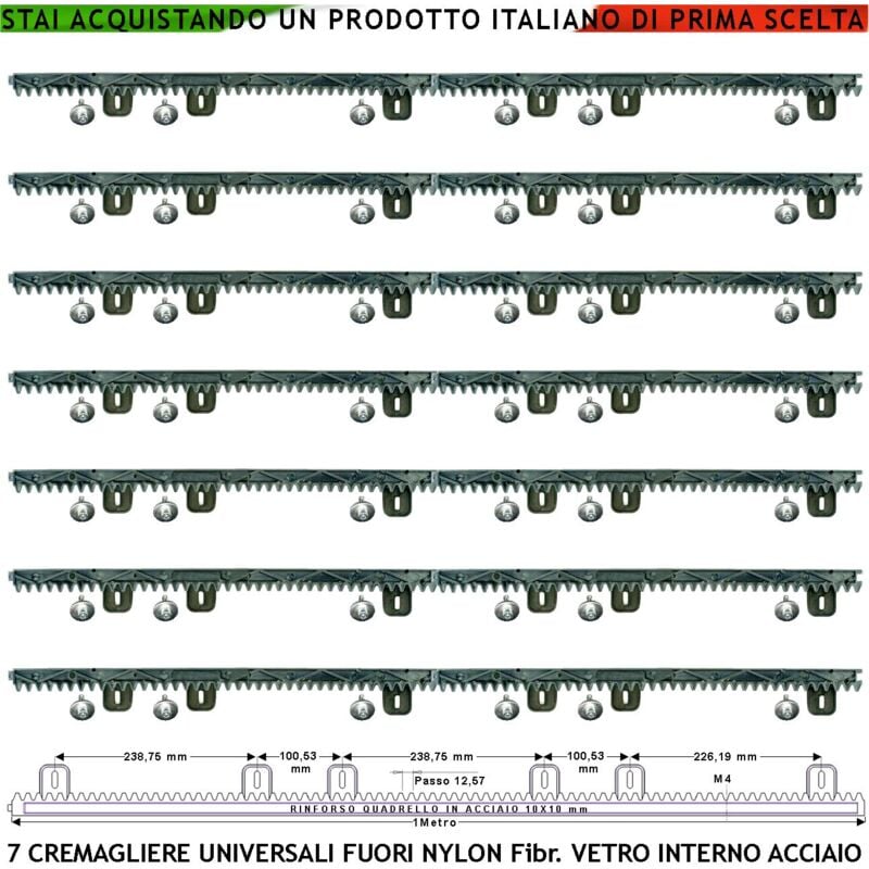 foto del prodotto asta cremagliera m4 antiusura universale sette pezzi da 1 mt in nylon antirumore interno acciaio portata garantita 6 q.li max 10 q.li 6 bulloni x
