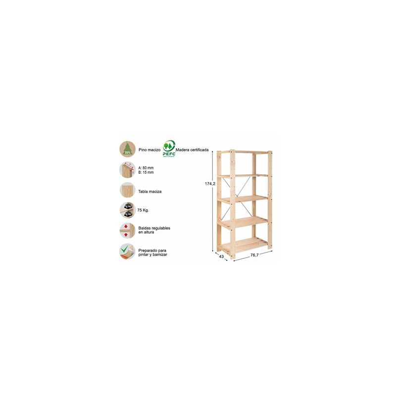 foto del prodotto astigarraga scaffale a doghe evolution 5, pino massello di 76,5x38,5x174,5 cm