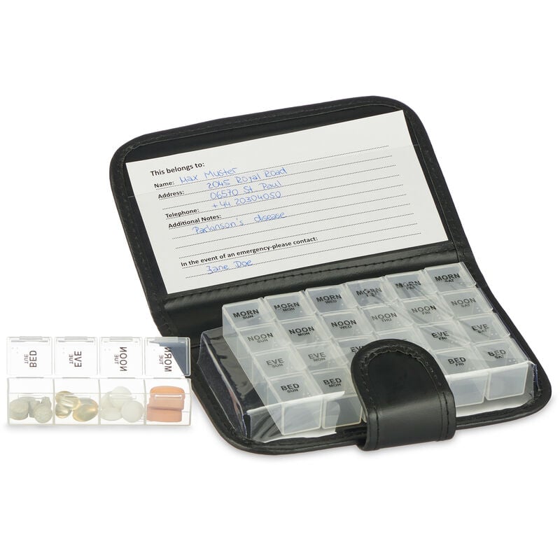 foto del prodotto astuccio portapillole, 7 giorni 4 scomparti organizer porta pastiglie medicinali da viaggio con custodia, nero relaxdays