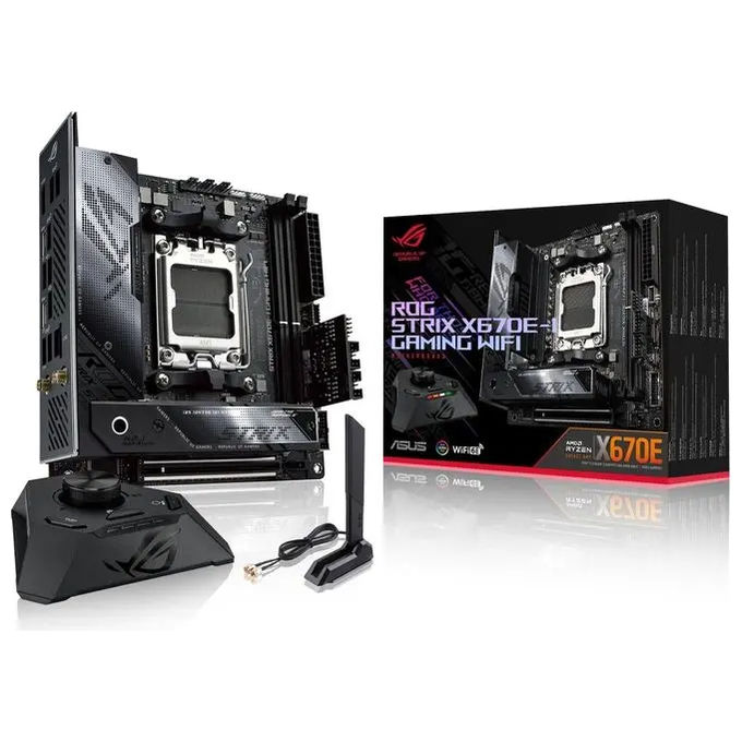 foto del prodotto asus rog strix x670e-i gaming wifi scheda madre gaming mini-itx amd x670 amd am5 ddr5 pci 5.0 intel 2.5gb ethernet wifi 6e 802.11 ax 2xm.2 2xsata 6gb-s aura sync rgb nero