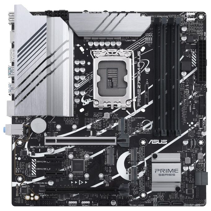 foto del prodotto asus z790m-plus scheda madre intel z790 lga 1700 micro atx, 3 slo m.2, ddr5, hdmi, usb 3.2 gen 2 type-c, thunderbolt usb4, aura sync