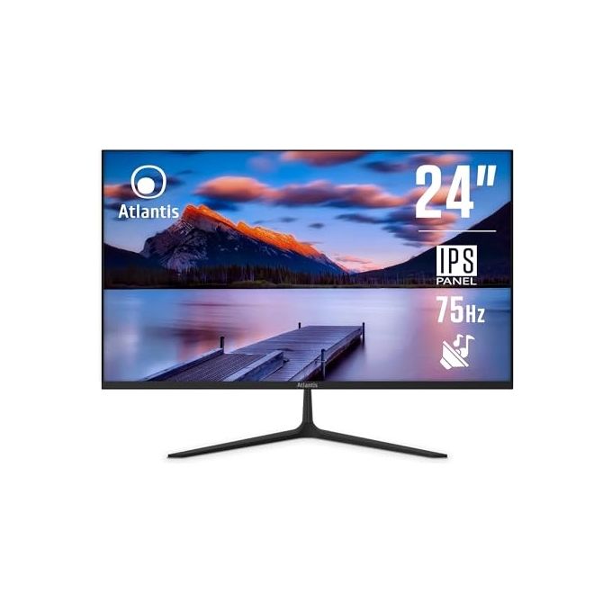 foto del prodotto atlantis monitor 24 pollici, schermo 24 ips 75hz, full hd 1920x1080, vga hdmi dp, multimediale, freesync, uscita audio cuffie, inclin, risposta 5ms, contrasto 1000 1, angolo 178 178, cavo hdmi 1,5m