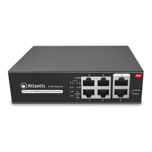 foto del prodotto atlantis switch poe a02 f6p4 65w 6 porte 10 100mbps di cui 4 poe sino a 60w 65w tot include kit montaggio a muro wall mount 