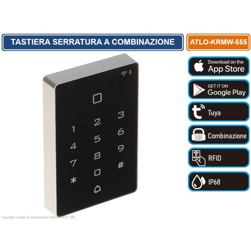 foto del prodotto atlo tastiera smart wifi rfid apricancello serratura a combinazione da esterno per tag badge ip68 ggestibile da app tuya