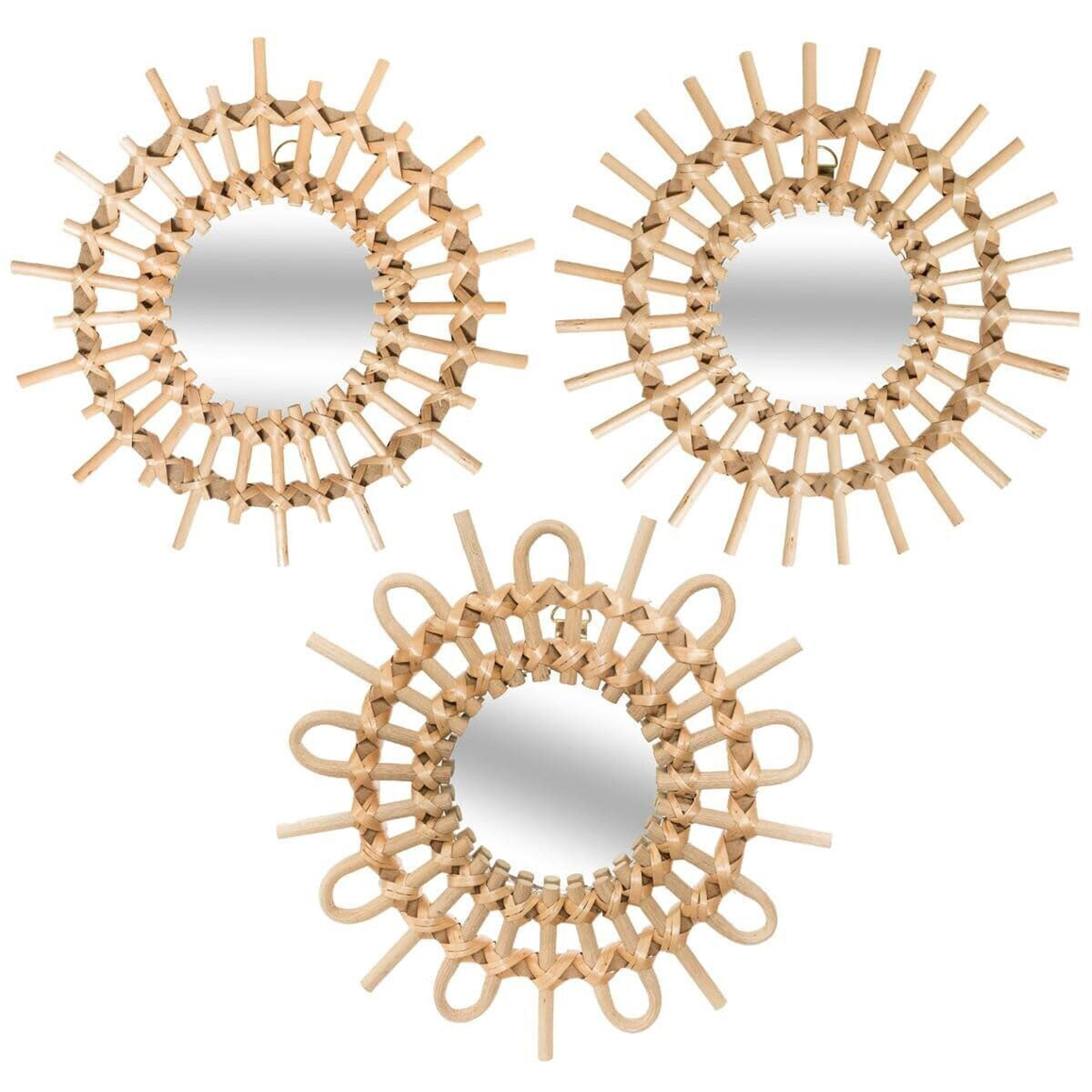 foto del prodotto atmosfera set di 3 specchi ad effetto solare con decorazione murale in rattan