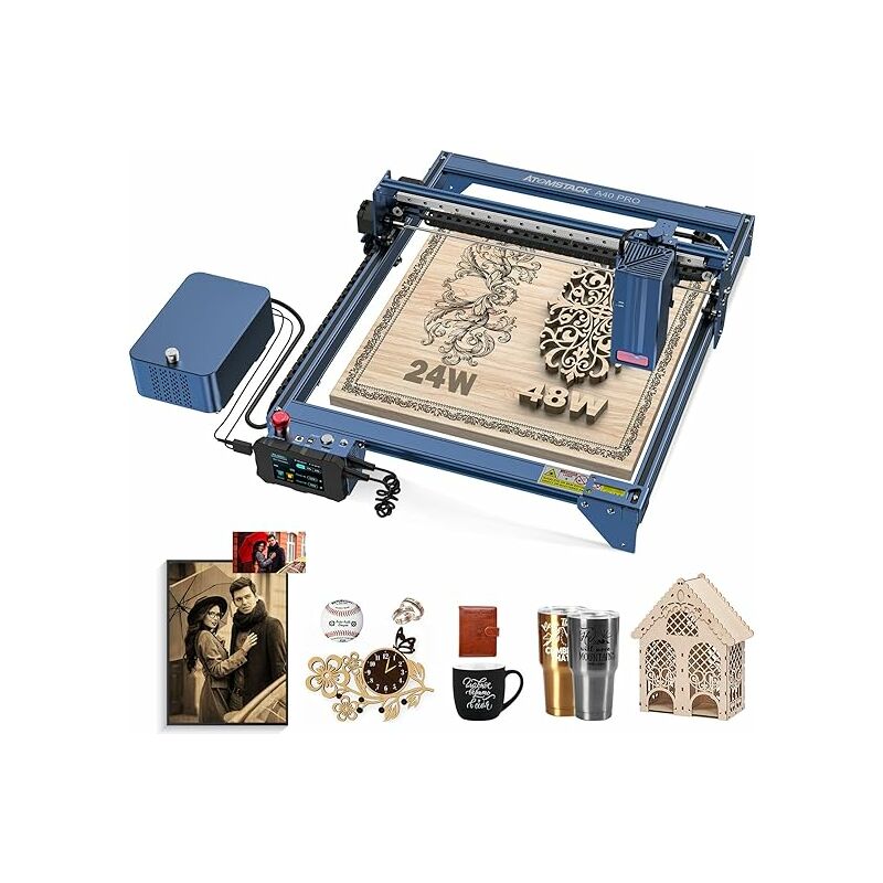 foto del prodotto atomstack incisione laser a40 pro, 24 w 48 w, macchina per incisione laser con air assist, aggiornamento asse x, design della catena del serbatoio,