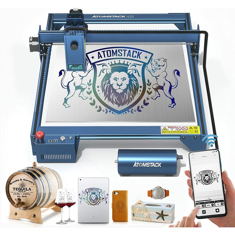 foto del prodotto atomstack macchina per incisione laser a20 130w, effetto laser, con kit air assist, testa laser 300w, 20w, app per telefono cellulare e controllo