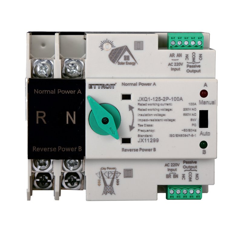 foto del prodotto ats commutatore di trasferimento automatico fotovoltaico 2p 4m doppio alimentazione 100a ac 230v ip20 iec60947-6-1