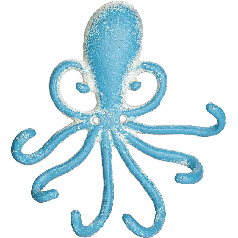 foto del prodotto attaccapanni da parete, 6 ganci, design polpo, 16,5x15,5x4 cm, appendiabiti in ghisa, ingresso, azzurro bianco relaxdays