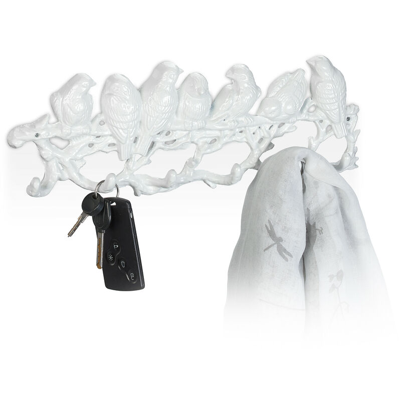 foto del prodotto attaccapanni da parete, 6 ganci uccellini, 13x36,5x4,5 cm, appendiabiti in ghisa, guardaroba ingresso, bianco relaxdays