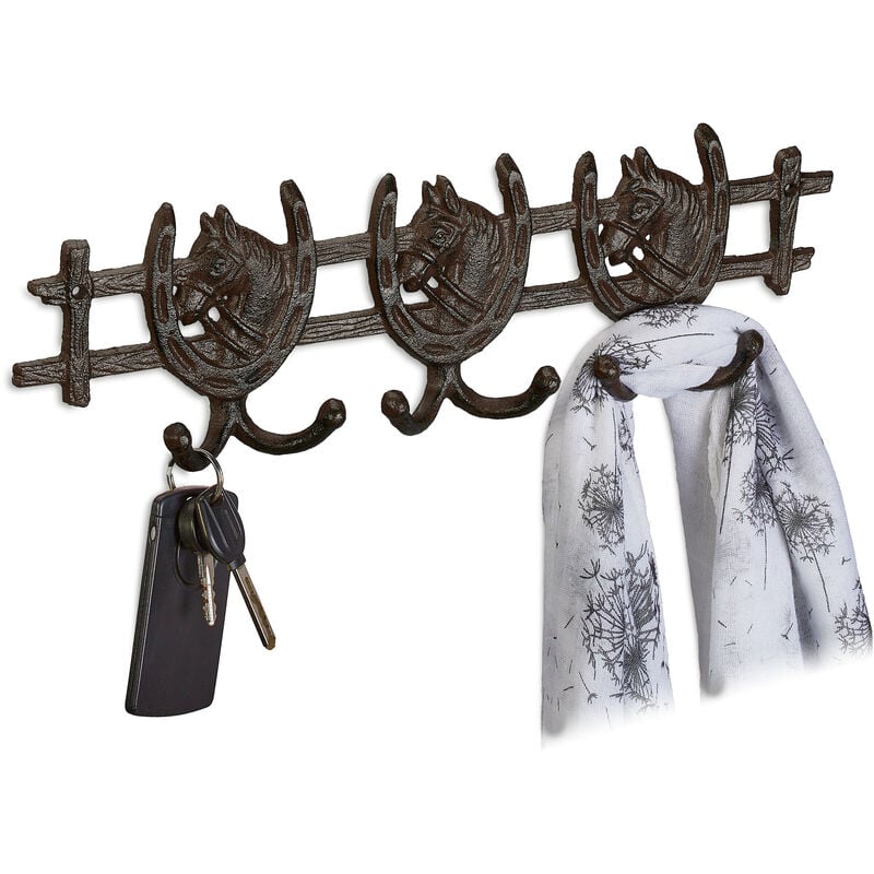 foto del prodotto attaccapanni da parete, tema cavalli, 11x36,5x3,5 cm, 6 ganci appendiabiti ghisa, guardaroba ingresso, marrone relaxdays