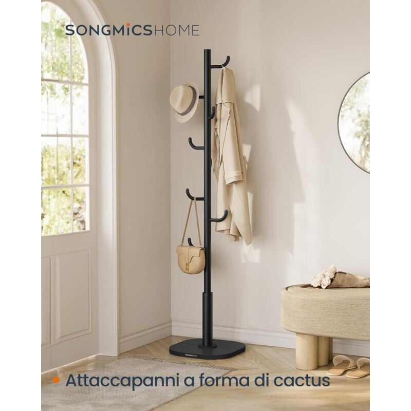 foto del prodotto attaccapanni da terra a forma di cactus, appendiabiti, 8 ganci curvi verso l alto, altezza 175,3 cm, per abiti cappelli borse, nero inchiostro