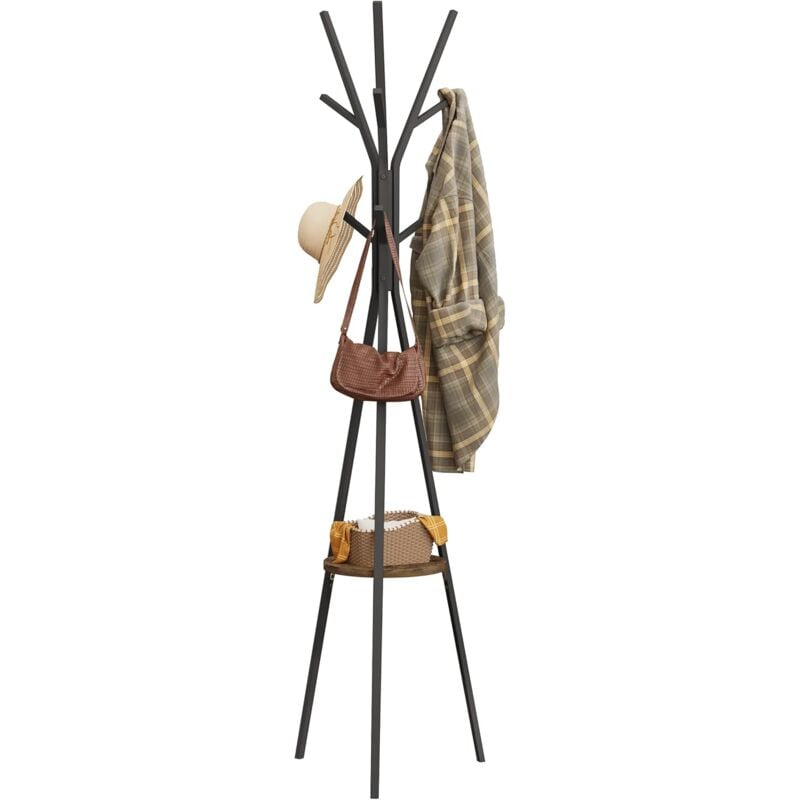 foto del prodotto attaccapanni da terra. appendiabiti ad albero in metallo e mdf. portabiti da ingresso con 9 ganci e 1 ripiano per vestiti. cappelli. borse. nero e