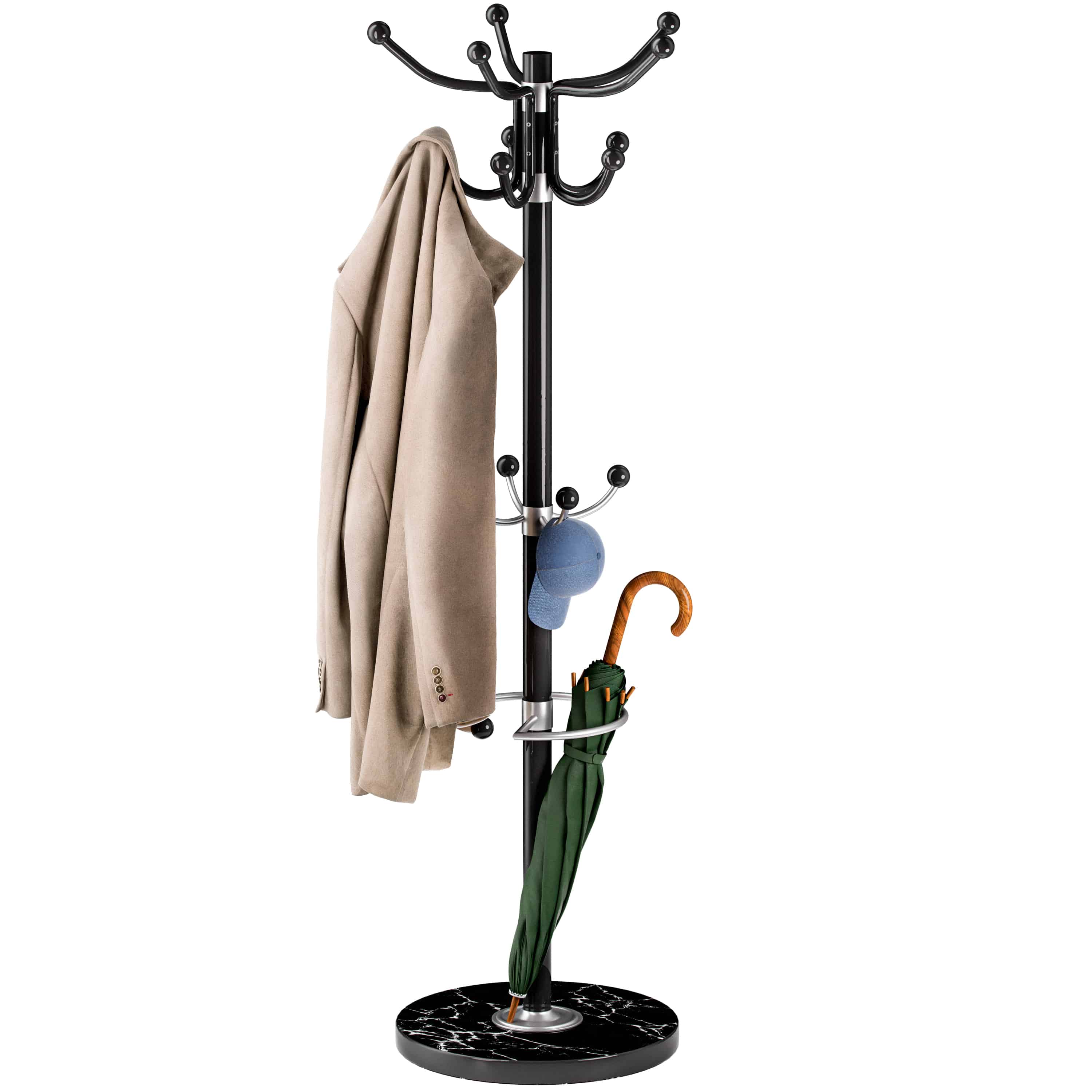 foto del prodotto attaccapanni in metallo con base in marmo 14 ganci ruotabile a 360 stabile moderno 37x37x175cm corridoio ufficio attaccapanni portabiti black en 