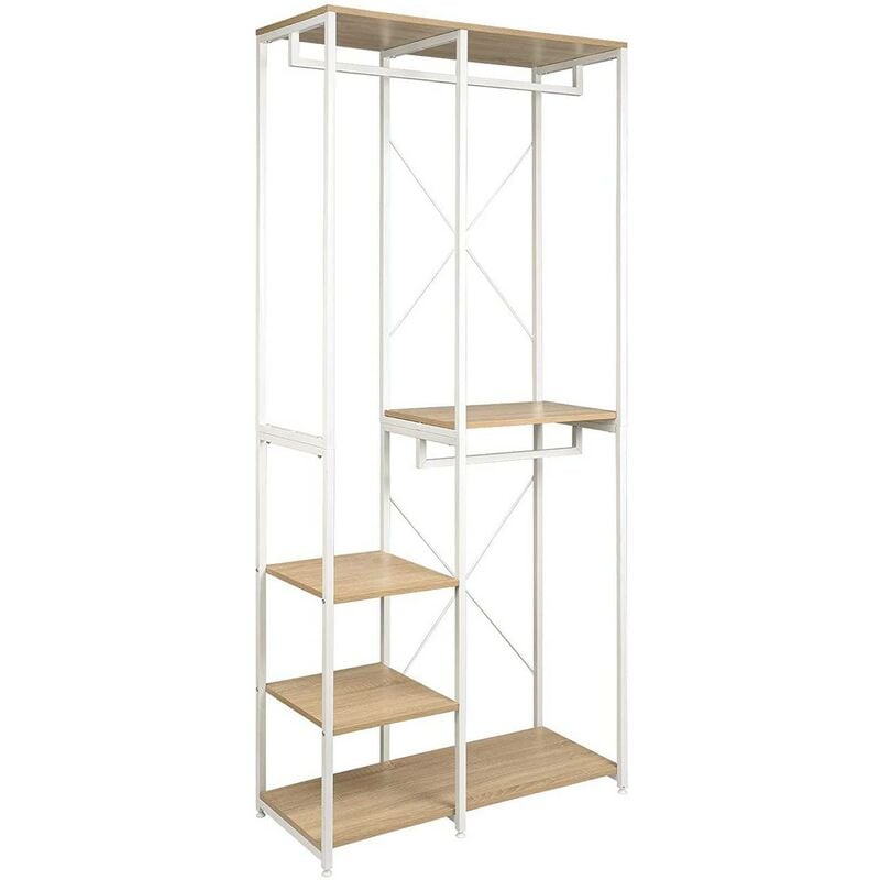 foto del prodotto attaccapanni stand appendiabiti con scaffali legno metallo 90x40x204.5cm bianco rovere chiaro woltu
