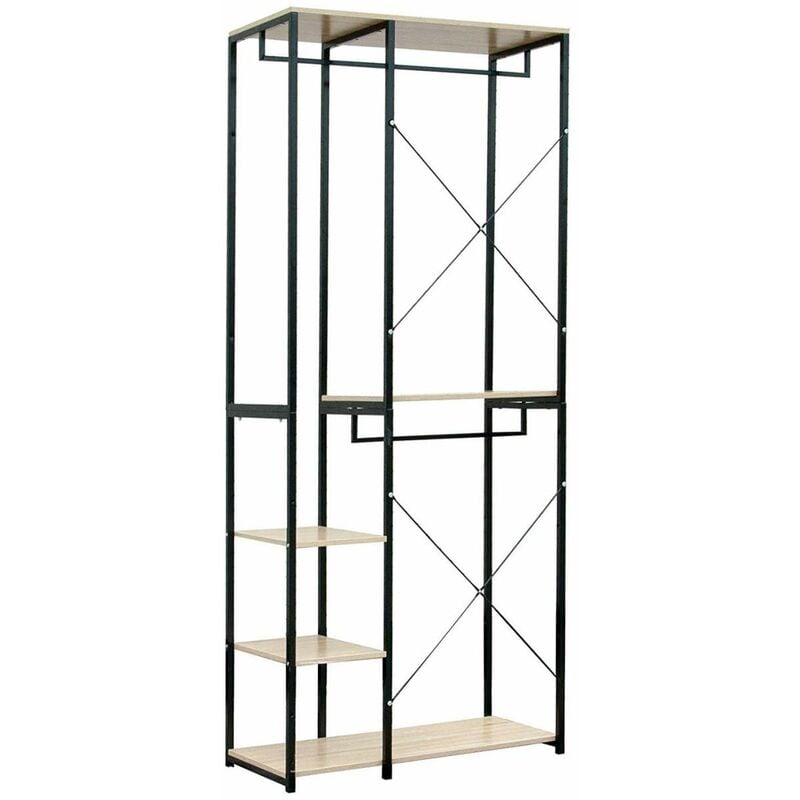 foto del prodotto attaccapanni stand appendiabiti con scaffali legno metallo 90x40x204.5cm nero rovere chiaro woltu
