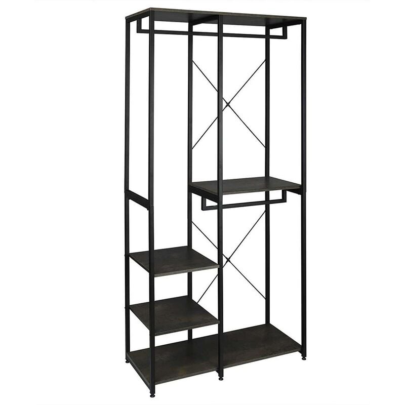 foto del prodotto attaccapanni stand appendiabiti con scaffali legno metallo 90x40x204.5cm nero rovere scuro woltu
