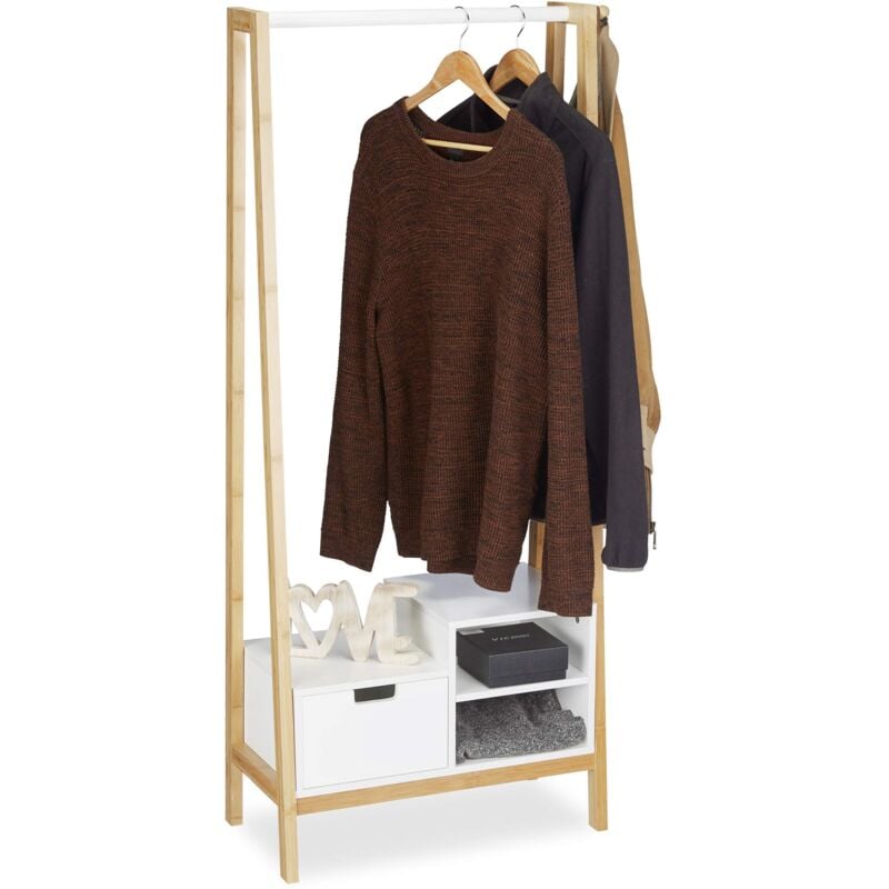 foto del prodotto attaccapanni verticale con ripiani, cassetti, appendiabiti, bamb mdf,hlp 139,5 x 64,5 x 31 cm, legno bianco relaxdays