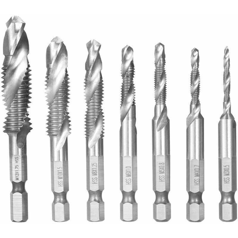 foto del prodotto attacco per trapano xvx, set combinato di trapano e maschi da 7 pezzi, filettatura metrica hss m3 m12, utensile per punte per maschi a cambio rapido,