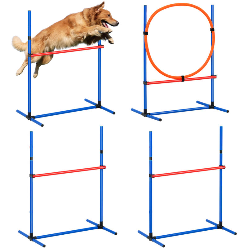 foto del prodotto attrezzatura per addestramento agilita per cani, set 4 pezzi, percorso a ostacoli per cuccioli, ostacoli altezza regolabile, pali, anello salto,