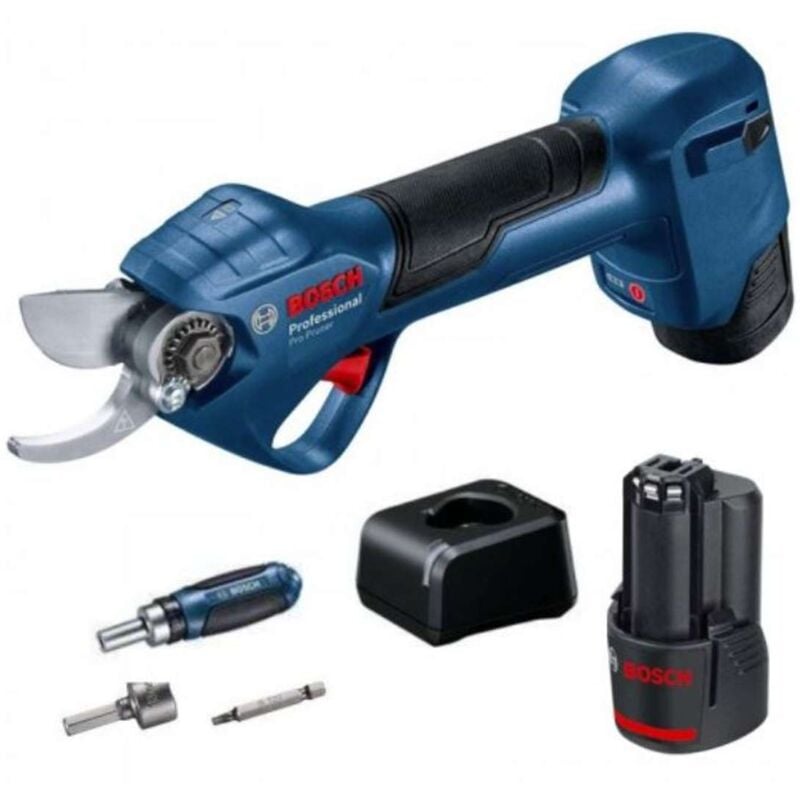 foto del prodotto attrezzature da giardino cesoie a batteria 12v, 2x batterie 3,0 ah, caricabatterie 06019k1021 bosch