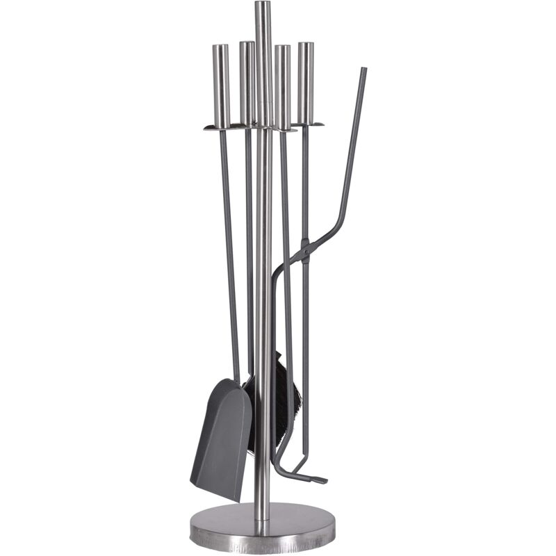 foto del prodotto attrezzi da camino, 5 pezzi, 180 x 180 x 640 mm l x p x a , posate grigie laccate, supporto e manici in acciaio inox
