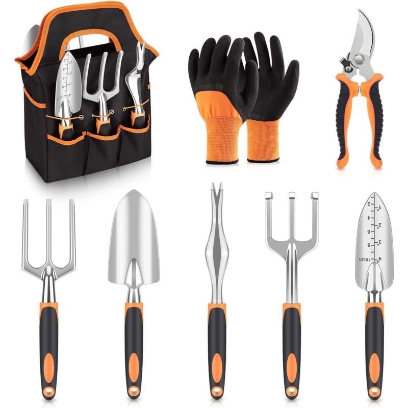 foto del prodotto attrezzi da giardinaggio, set di 8 attrezzi da giardino con borsa portaoggetti, rastrelli, trapiantatrice, guanti a led, kit da giardinaggio, regalo