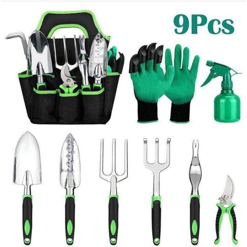 foto del prodotto attrezzi da giardino, set di 9 attrezzi da giardinaggio in acciaio inossidabile, kit regalo con borsa portautensili resistente, regali di