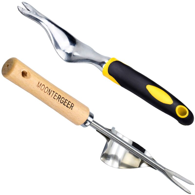 foto del prodotto attrezzo per diserbo manuale in acciaio inossidabile 2 pezzi con manico in legno, diserbante per tarassaco a forma di y, attrezzi da giardinaggio