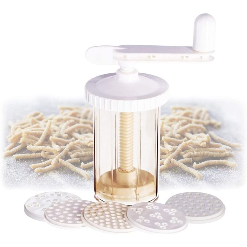 foto del prodotto attrezzo per passatelli in plastica alimentare con 6 trafile, torchietto per passatelli, bucatini, bigoli, pasta fresca fatta in casa tagliapasta.com