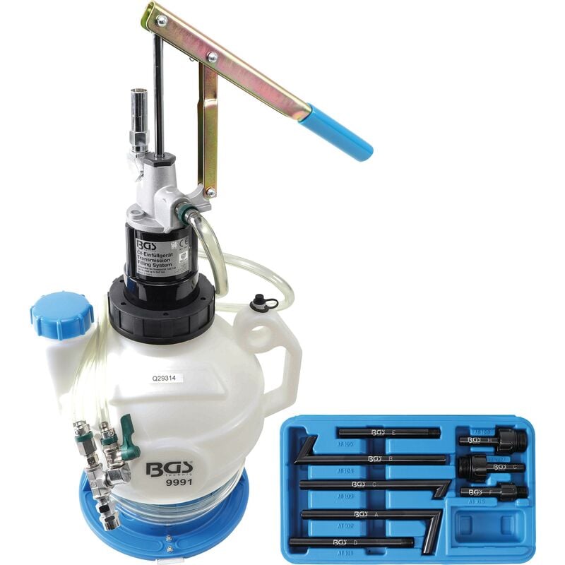 foto del prodotto attrezzo per riempimento olio trasmissione con pompa manuale con sistema di ritorno con 8 adattatori 7 l