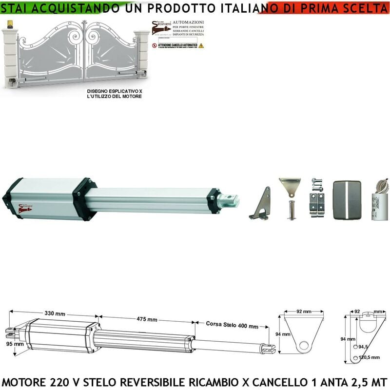 foto del prodotto attuatore elettromeccanico stelo retrattile reversibile corsa 400 mm 230 v per cancello battente anta da 2,5 metri spinta 250 kg ricambio universale