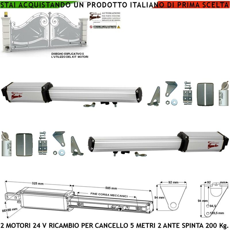 foto del prodotto attuatori 24 vcc motori elettromeccanici corsa 400 mm spinta 2 q.li ricambio cancello automatico 5 metri 2 ante 2,5 mt kit staffe completo chiave