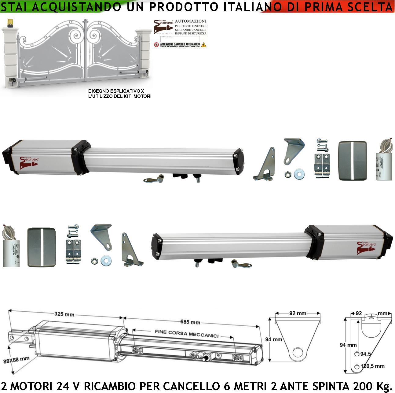 foto del prodotto attuatori 24 vcc motori elettromeccanici corsa 500 mm spinta 2 q.li ricambio cancello automatico 6 metri 2 ante 3,0 mt kit staffe completo chiave sblocco nel carrello di traino compatibili elettronica serai came proteco misure 810x88x88 mm