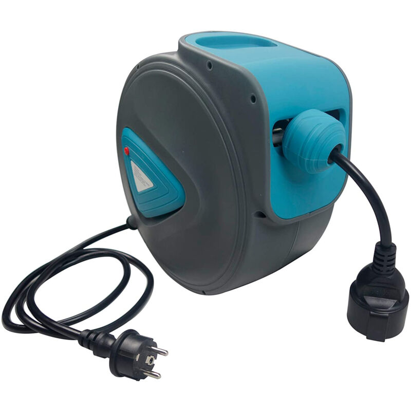foto del prodotto aufun 20 m avvolgicavo automatico per esterni, termostato di protezione da sovraccarico, prolunga elettrica tamburo elettrico, girevole a 180 , blu