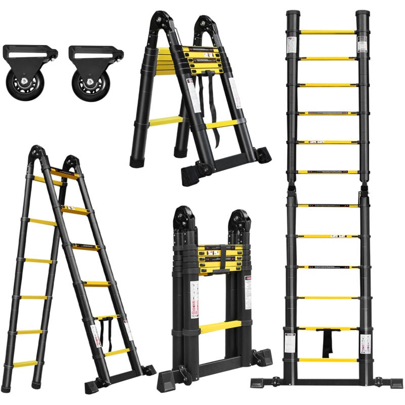 foto del prodotto aufun 380 cm scala telescopica in alluminio, scale pieghevole pieghevole, multifunzione scaletta, carico massimo 150 kg, nero giallo 1,9 1,9m 
