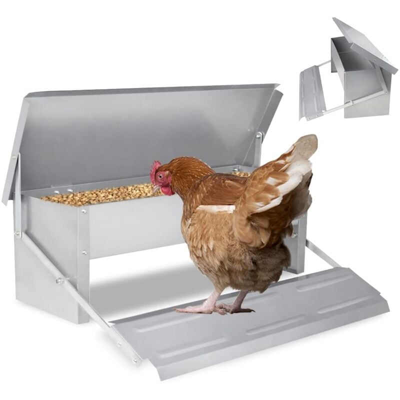foto del prodotto aufun 5 kg mangiatoia automatica per polli, con piedini antiratto e coperchio impermeabile, mangiatoia per pollame in acciaio zincato argento