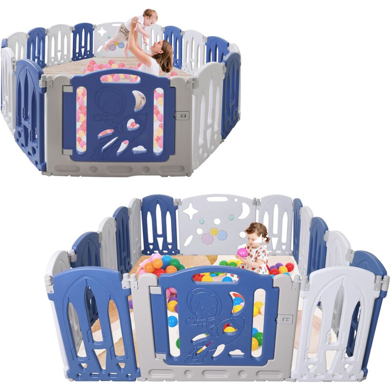 foto del prodotto aufun box pieghevole per bambini con porta e tavola per giochi, barriera per bambini recinzione strisciante in plastica, blu bianco, 14 2 pannelli