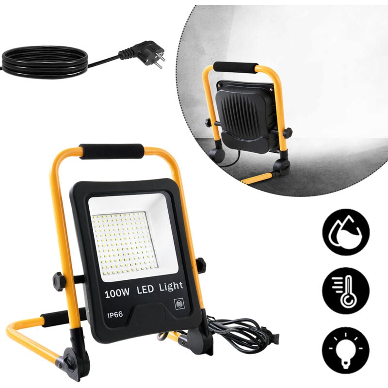 foto del prodotto aufun faretto da cantiere portatile con spina e cavo di alimentazione da 3 m, ip66 impermeabile, per interno ed esterno, cantieri, officina, 100 w,