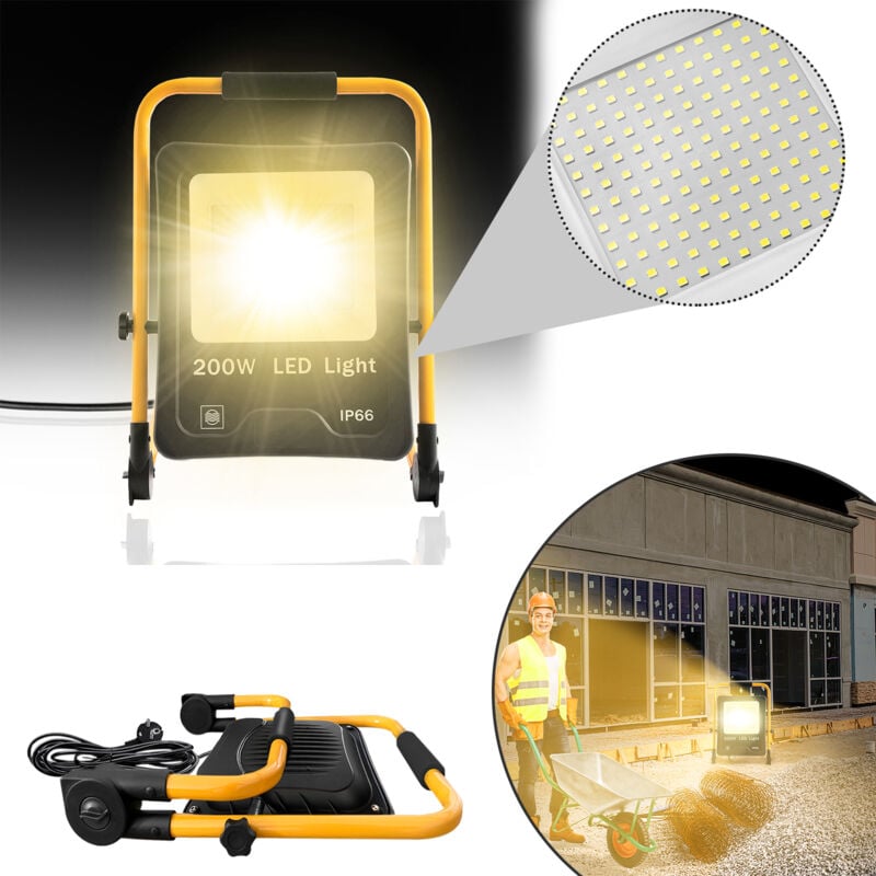 foto del prodotto aufun faretto da cantiere portatile con spina e cavo di alimentazione da 3 m, ip66 impermeabile, per interno ed esterno, cantieri, officina, 200 w,