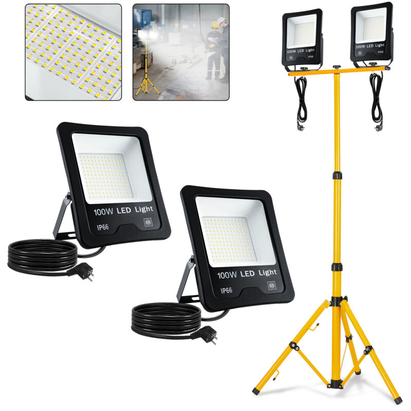 foto del prodotto aufun faretto led da costruzione con telescopico treppiede e cavo 3 m, ip66 impermeabile, per interni ed esterni, garage, cantieri, 2 x 100 w, bianco