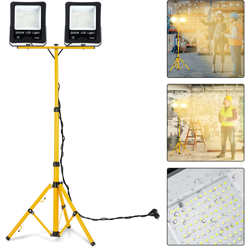 foto del prodotto aufun faretto led da costruzione con telescopico treppiede e cavo 3 m, ip66 impermeabile, per interni ed esterni, garage, cantieri, 2 x 200 w,