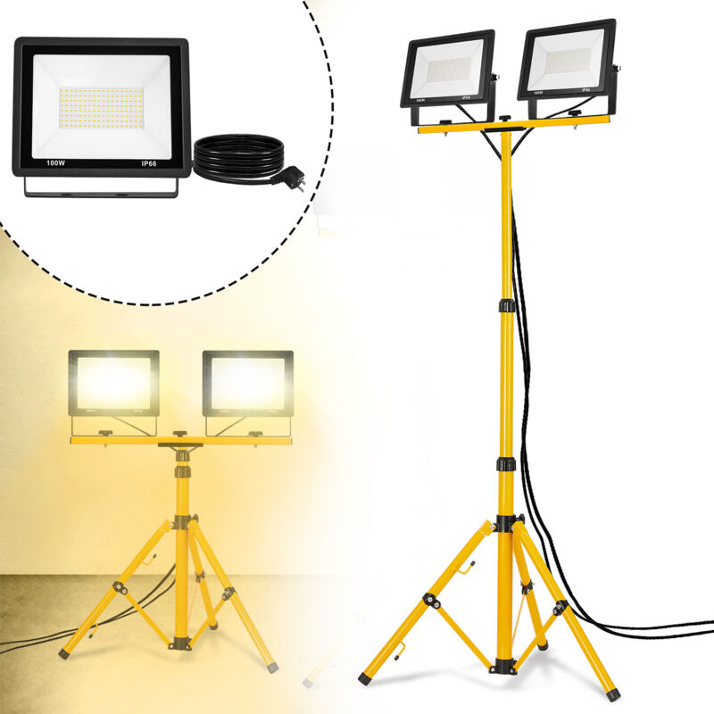 foto del prodotto aufun faretto led da costruzione doppio faretto a led con treppiede treppiede e cavo 3 m, ip66 impermeabile, per garage, giardino, cantieri, 2 x
