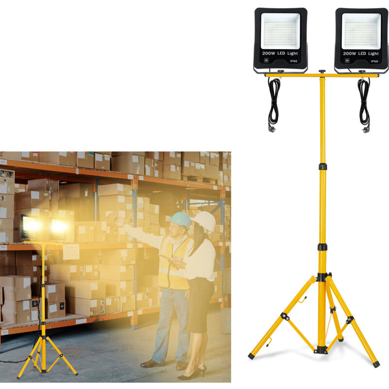 foto del prodotto aufun faretto led da costruzione doppio faretto a led con treppiede treppiede e cavo 3 m, ip66 impermeabile, per garage, giardino, cantieri, 2 x