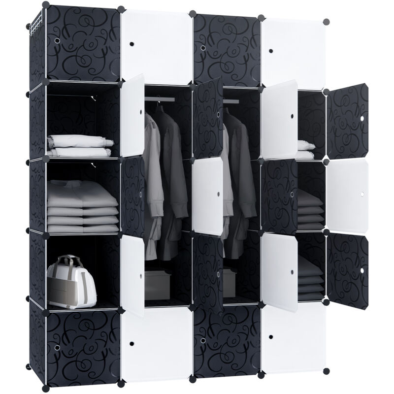 foto del prodotto aufun guardaroba armadio a 20 cubi con porte,armadio combinato modulare, armadio pieghevole in plastica, scaffale portatile, nero e bianco