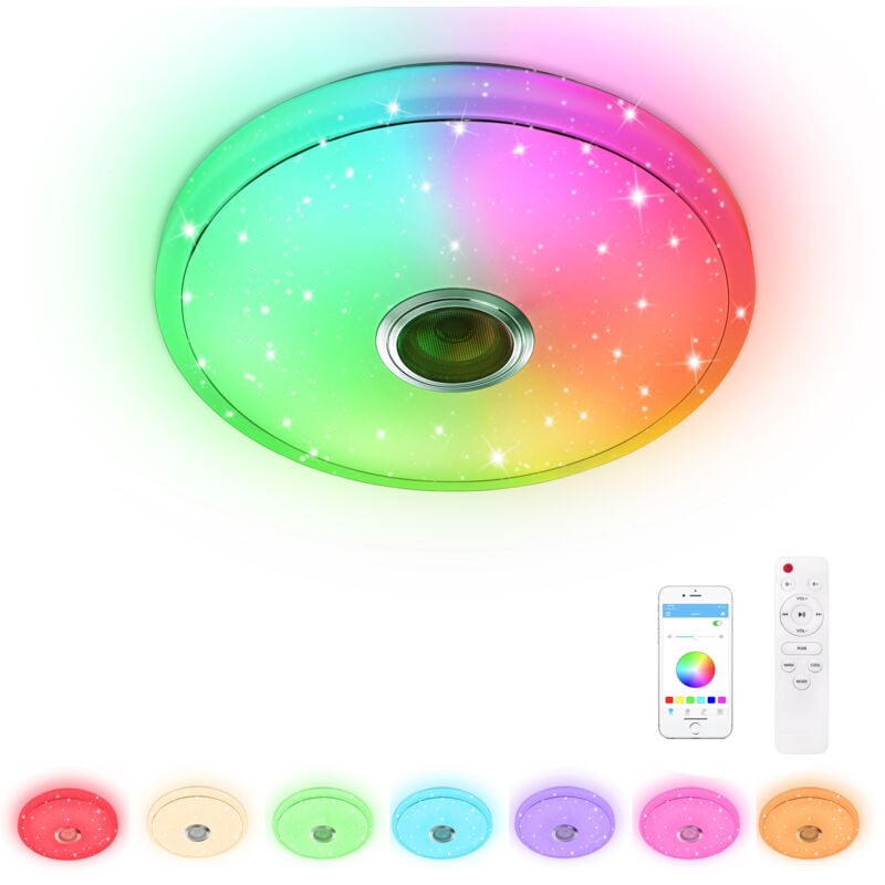 foto del prodotto aufun lampada da soffitto a led con altoparlante bluetooth, dimmerabile lampada da soffitto con telecomando e controllo app, per camera da letto,