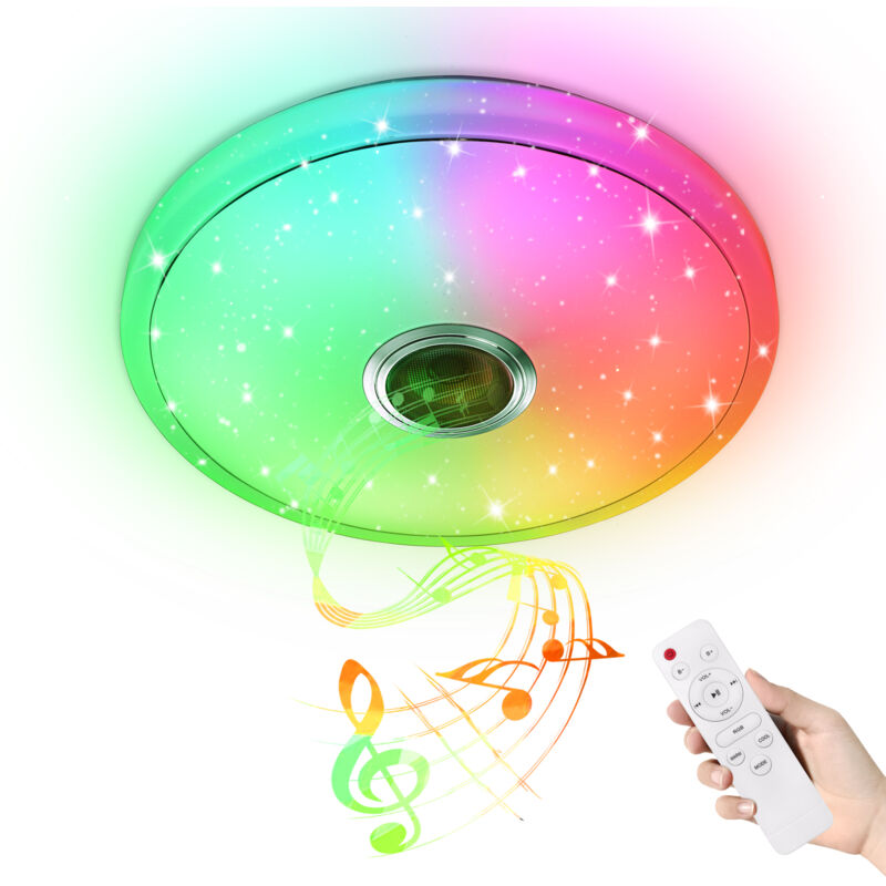 foto del prodotto aufun lampada da soffitto a led con altoparlante bluetooth, dimmerabile lampada da soffitto con telecomando e controllo app, per camera da letto,